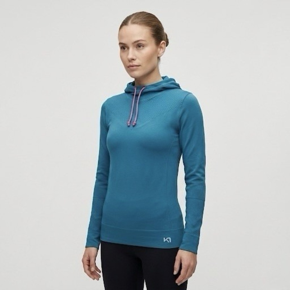 Kari Traa Women's Seamless Hooded Pullover Teal Blue XS S Stretchy Gorpcore